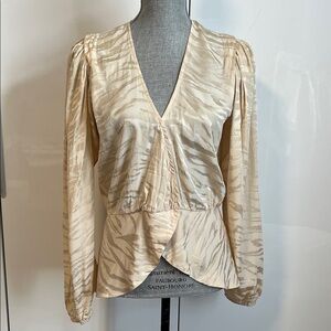 NWOT RONNY KOBO Silk Cream Zebra Print Women's Wrap Blouse, Size M